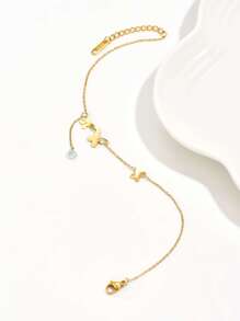 1pc Fashionable Stainless Steel Cubic Zirconia Inlaid Anklet For Women, Luxurious Foot Accessory - Yellow Gold - View 3