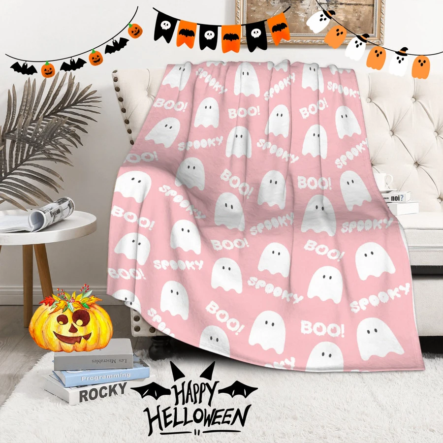 Halloween Pink Cute Ghost Pattern Soft Flannel Blanket For Bed And Sofa - Pink - View 1