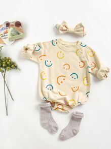 寶寶女孩可愛面孔印花長袖三角襯衫,適用於生日假日派對和春秋冬季（附有髮箍） - 杏色 - 查看 1