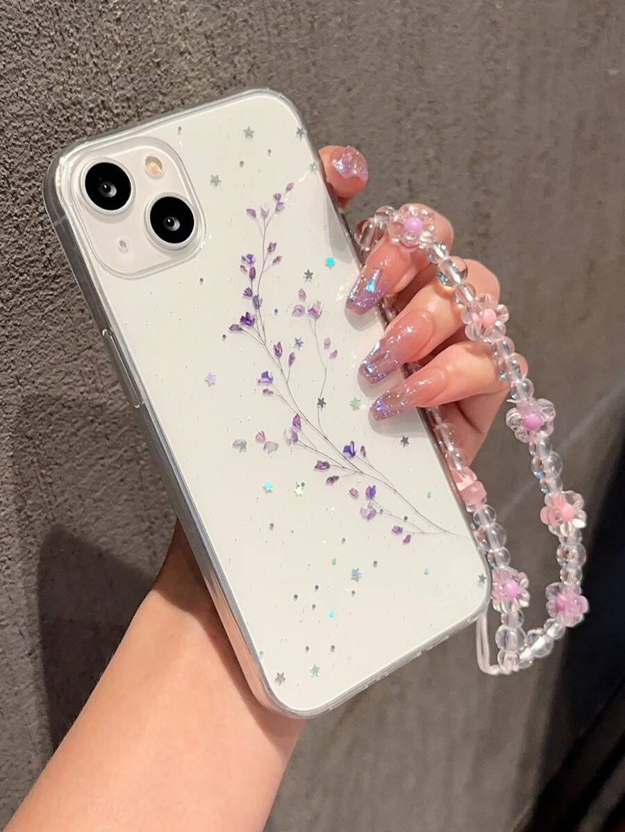 Apple Phone Charm Floral Clear Phone Case With Lanyard - Multicolor - View 1