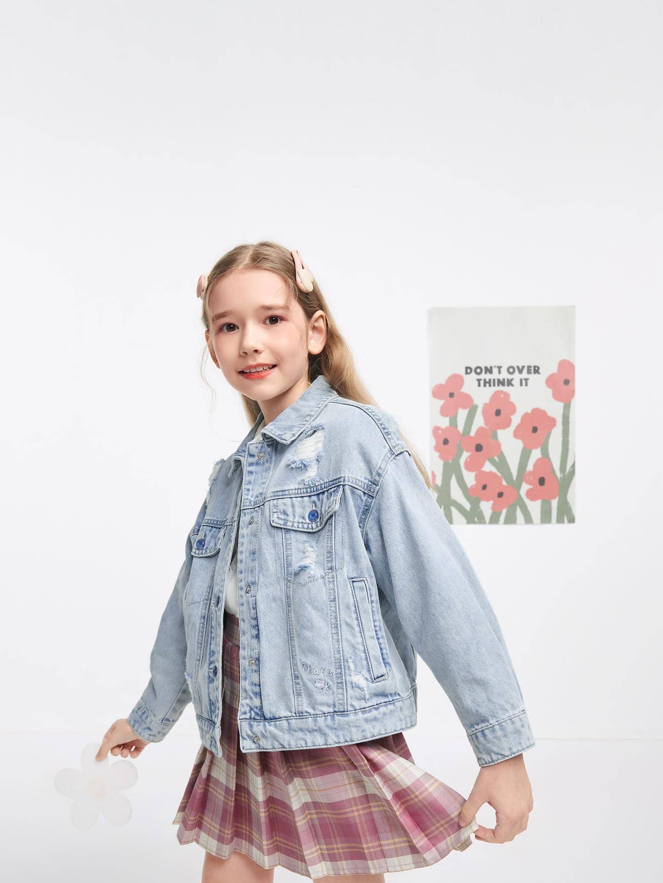 Balabala Tween Girl 春秋时尚花朵印花翻领牛仔夹克