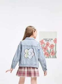 Balabala Tween Girl 春秋时尚花朵印花翻领牛仔夹克