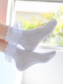 5双装女童袜子/校袜，白色休闲荷叶边袜，可爱蕾丝边袜，亲肤柔软时尚公主袜，百搭舒适中筒袜，适合返校、日常穿着、节日礼物 - 白色 - 查看 3