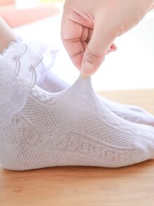 5雙女童白色蕾絲和褶邊細節休閒襪,適合上學穿著 - 白色 - 查看 6