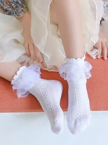 5雙女童白色蕾絲和褶邊細節休閒襪,適合上學穿著 - 白色 - 查看 4