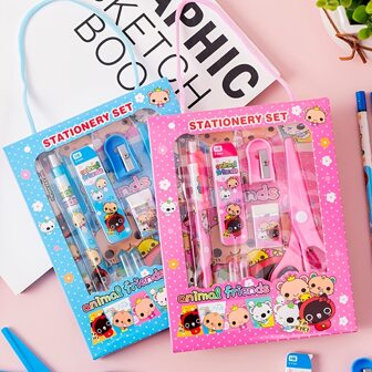 9入組/套學前班文具套裝,小學生回校用品禮盒 (2支鉛筆 + 1個削鉛筆器 + 1個橡皮 + 1個剪刀 + 1支自動鉛筆 + 1盒鉛芯 + 2支筆帽)