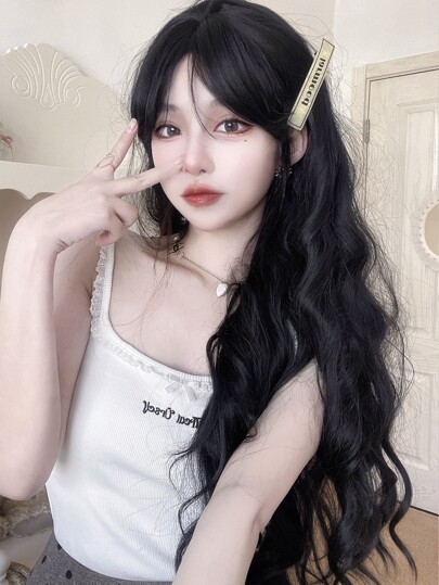 alicegarden 1 Synthetic Heat-Resistant ,Wavy Wigs Black Wig , Curly Bangs ,32 Inches Long, Made Of Fiber, Suitable For Daily Use, Natural And Realistic Fake Hair(Excluding Accessories)
