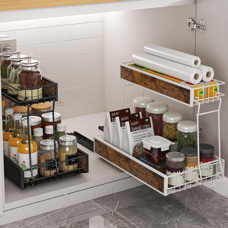 Kitchen Pullout Rail Storage Rack For Sink Countertop Condiment With