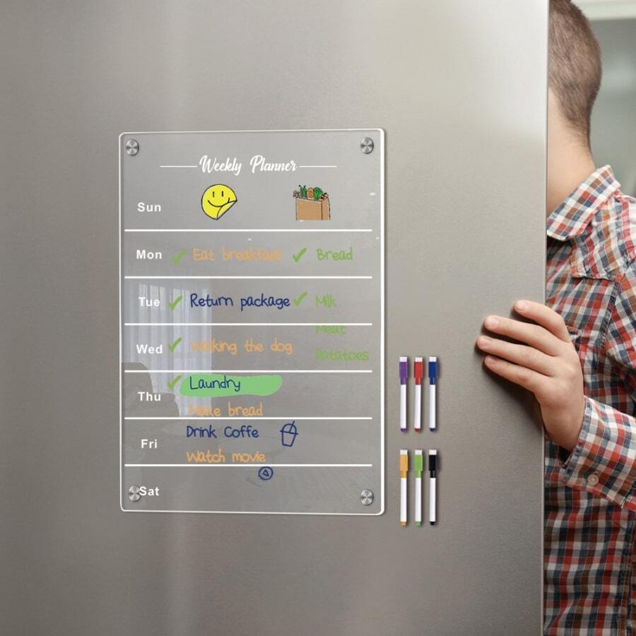 1 Miếng Acrylic Nam châm tủ lạnh Với 6 Bảng trắng Điểm đánh dấu , 3D Từ tính Acrylic trong suốt Kế hoạch hàng tuần Bảng tin , Có thể xóa Từ tính Nhãn dán tủ lạnh - màu trong suốt - Xem 1