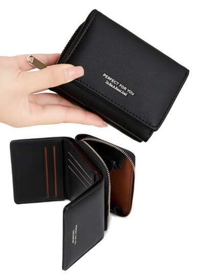 MIYIN 简约风格小钱包字母图案女士钱包三折拉链零钱包带卡槽证件窗口 PU 皮革，黑色