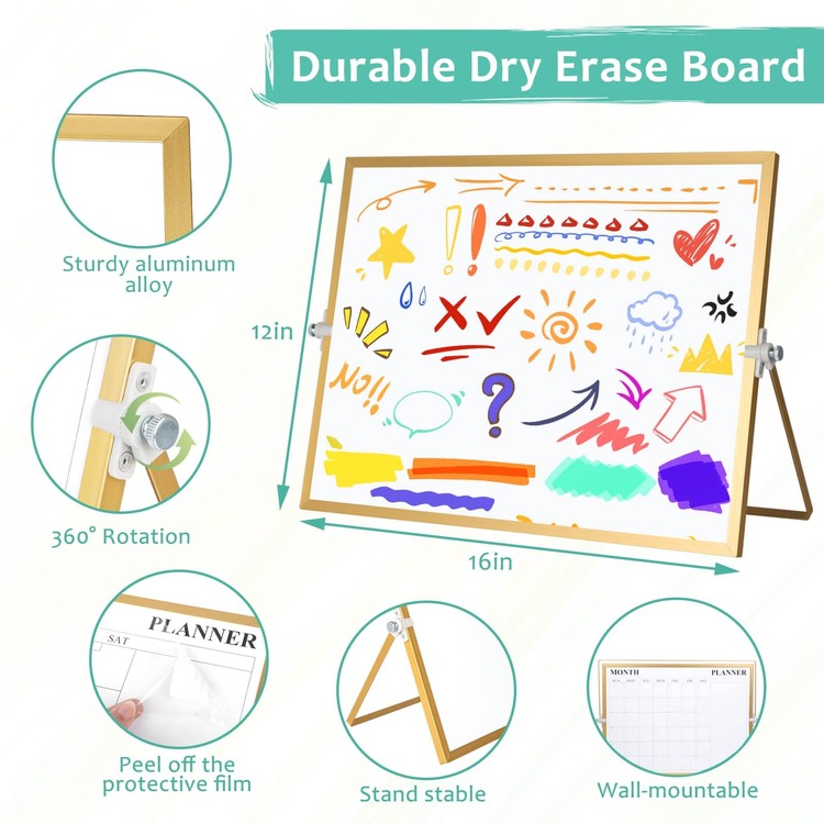 1Set White Board, Dry Erase Calendar 16" x12" Magnetic Desktop Whiteboard with Stand, Monthly Whiteboard for Wall Portable Double-Sided Dry Erase Board for Kitchen, Office, School, Gift idea, Golden - Golden - Gold - View 3