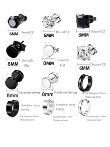 12 对时尚不锈钢 CZ 耳钉 男式耳环套装 女式耳环 男孩耳洞耳环 - 12 對 CZ 耳釘圈形耳環套裝 - 查看 2