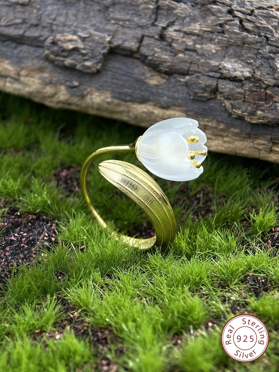 1入組優雅白水晶蘭花圓環女士們首飾類適合女士S925純銀精美可調節圓環精細的首飾類禮品適合女孩日常裝飾