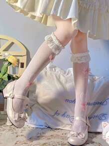 1 par de mujeres Calcetines dulce estilo dulce caramelo chupete & con diseño de lazo rodilla Calcetines de tubo para mujeres