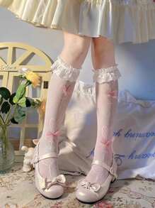 1 par de mujeres Calcetines dulce estilo dulce caramelo chupete & con diseño de lazo rodilla Calcetines de tubo para mujeres
