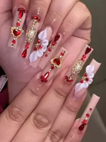 12颗红色水晶美甲水钻，混合扁平闪亮宝石美甲装饰DIY美甲设计美甲饰品美甲用品 - 酒紅色 - 查看 7