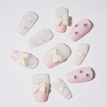 10入組尺寸M手工製作工藝按指甲片,可愛粉色的蝴蝶結美甲時尚閃閃發光假指甲適合女士和女孩 - 彩色 - 查看 5