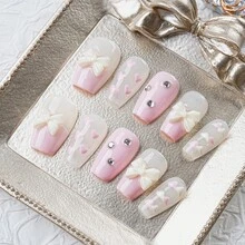 10入組尺寸M手工製作工藝按指甲片,可愛粉色的蝴蝶結美甲時尚閃閃發光假指甲適合女士和女孩 - 彩色 - 查看 2
