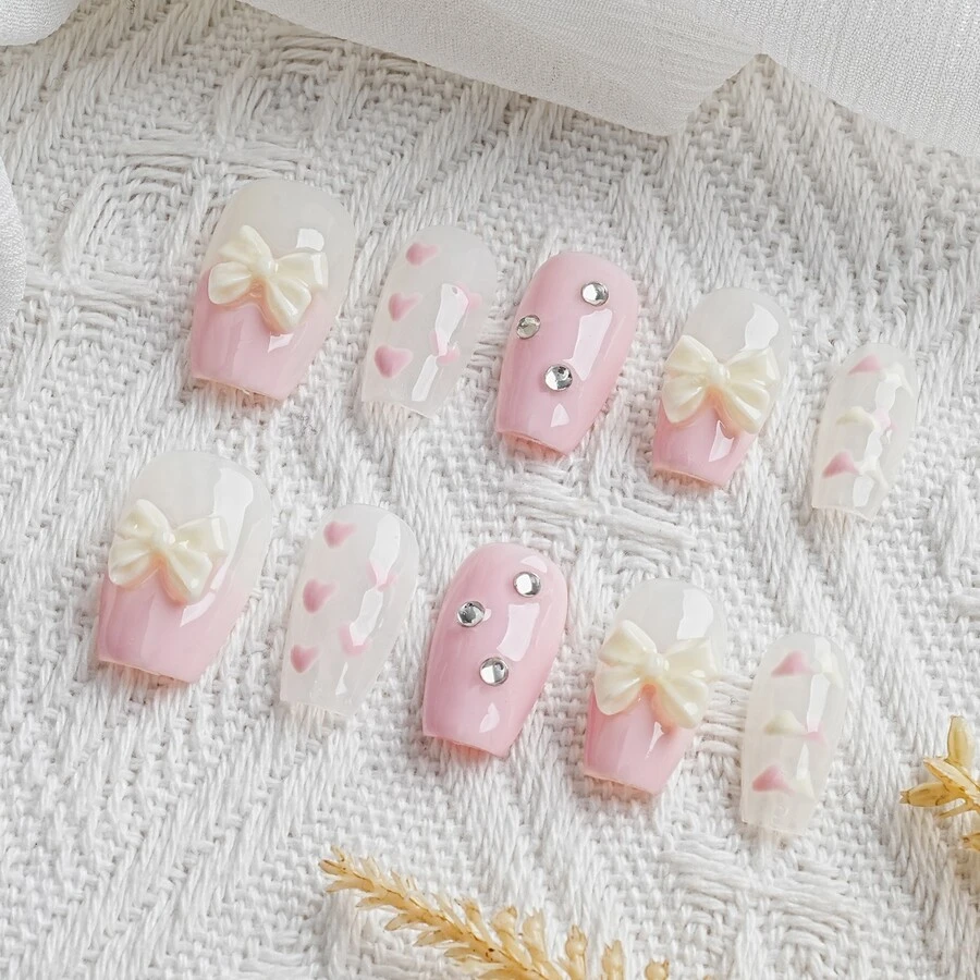 10入組尺寸M手工製作工藝按指甲片,可愛粉色的蝴蝶結美甲時尚閃閃發光假指甲適合女士和女孩 - 彩色 - 查看 1