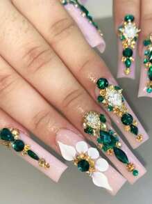 12pcs Crystal Nail Art Rhinestones, Mixed Green Shapes Shiny Nail Glitter Sequins Nail Art Decorations DIY Nail Jewelry Nail Gems Nail Supplies Nails - Green - View 8