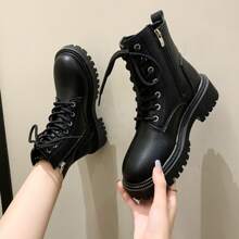 Women's Combat Boots, New Style, Thick-soled, Versatile, Short And Fashionable, Spring And Autumn Shoes - Black - View 1