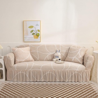1pc Milk Silk Printed Sofa Cover, Elastic All-inclusive Lace Trimmed Design, Suitable For Living Room Home Decor