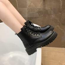 Women's Combat Boots, New Style, Thick-soled, Versatile, Short And Fashionable, Spring And Autumn Shoes - Black - View 3
