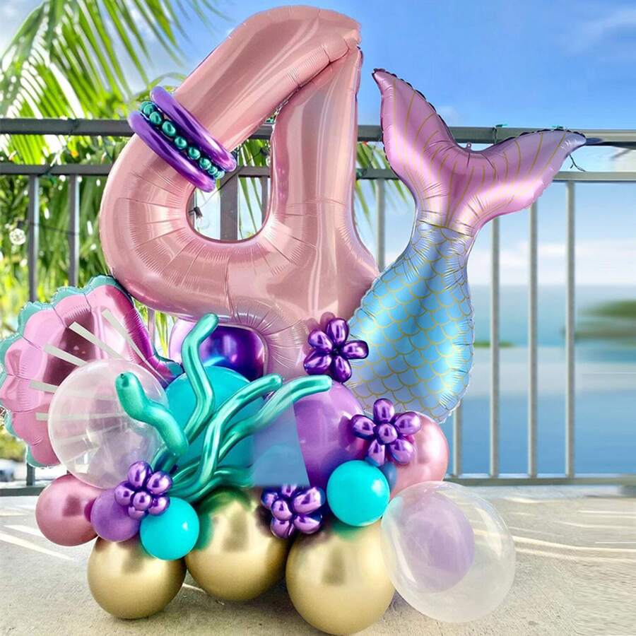 Cross-Border New 40-Inch Large Pink Mermaid & Shell Themed 0-9 Foil Number Balloon Set, Birthday, New Year, Anniversary Party Decoration Back To School Valentine Day