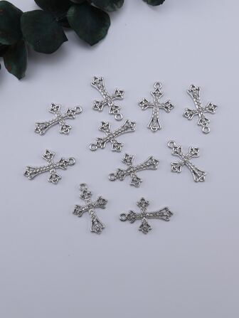 10pcs Cubic Zirconia Inlaid Cross Shaped Diy Jewelry Pendant For Bracelet/necklace Making