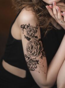 1入組臨時紋身貼帶黑色玫瑰,流蘇吊墜&大花朵設計適用於手臂,胸部,後身體裝飾 - 黑色 - 查看 3