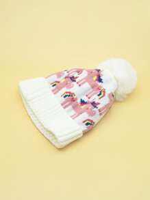 1 Pieza Gorro De Punto Con Estampado De Unicornio Y Arcoíris Para Niños Con Una Sola Bola, Solapas Para Las Orejas Y Forro Cálido - Blanco - Ver 3