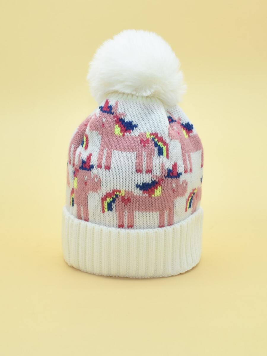 1 Pieza Gorro De Punto Con Estampado De Unicornio Y Arcoíris Para Niños Con Una Sola Bola, Solapas Para Las Orejas Y Forro Cálido - Blanco - Ver 1
