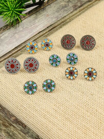 6入組復古風格古色古銅色調多色花卉油滴和鑽石裝飾圓形合金耳針,適用於女性的日常穿著、工作、街頭街拍、派對