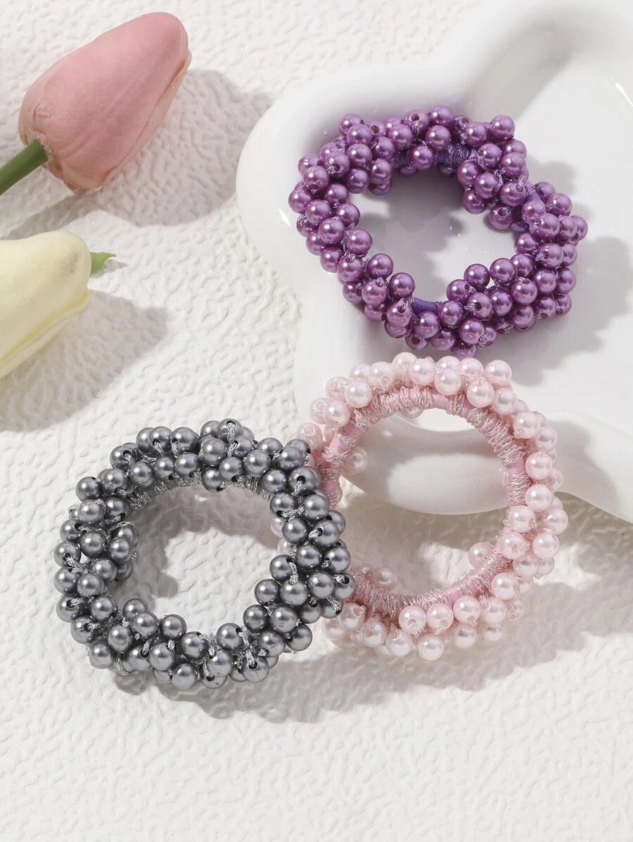 3pcs Simple Beaded Hair Ties & Pearl Hair Ties Elegant