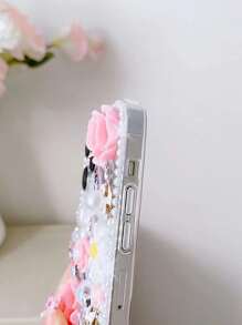1 pieza Funda de teléfono de PC con patrón de flor de rosa de perla de rhinestone hecho a mano de alta gama compatible con iPhone 16 y Galaxy S24 Ultra 5G - Rosa - Ver 2