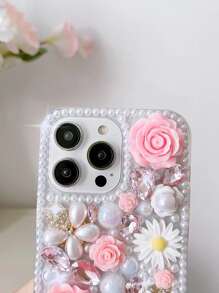 1 pieza Funda de teléfono de PC con patrón de flor de rosa de perla de rhinestone hecho a mano de alta gama compatible con iPhone 16 y Galaxy S24 Ultra 5G - Rosa - Ver 5