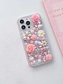 1 pieza Funda de teléfono de PC con patrón de flor de rosa de perla de rhinestone hecho a mano de alta gama compatible con iPhone 16 y Galaxy S24 Ultra 5G - Rosa - Ver 8