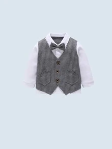 2 件套年轻男孩绅士装，随机条纹蝴蝶结衬衫和裤子，时尚帅气，适合男孩生日派对、婚礼、选美服装 - 深灰色 - 查看 3