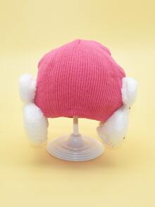 1pc Cute Rabbit Decorated Warm Knitted Hat With Earflaps For Little Girls - Hot Pink - View 2