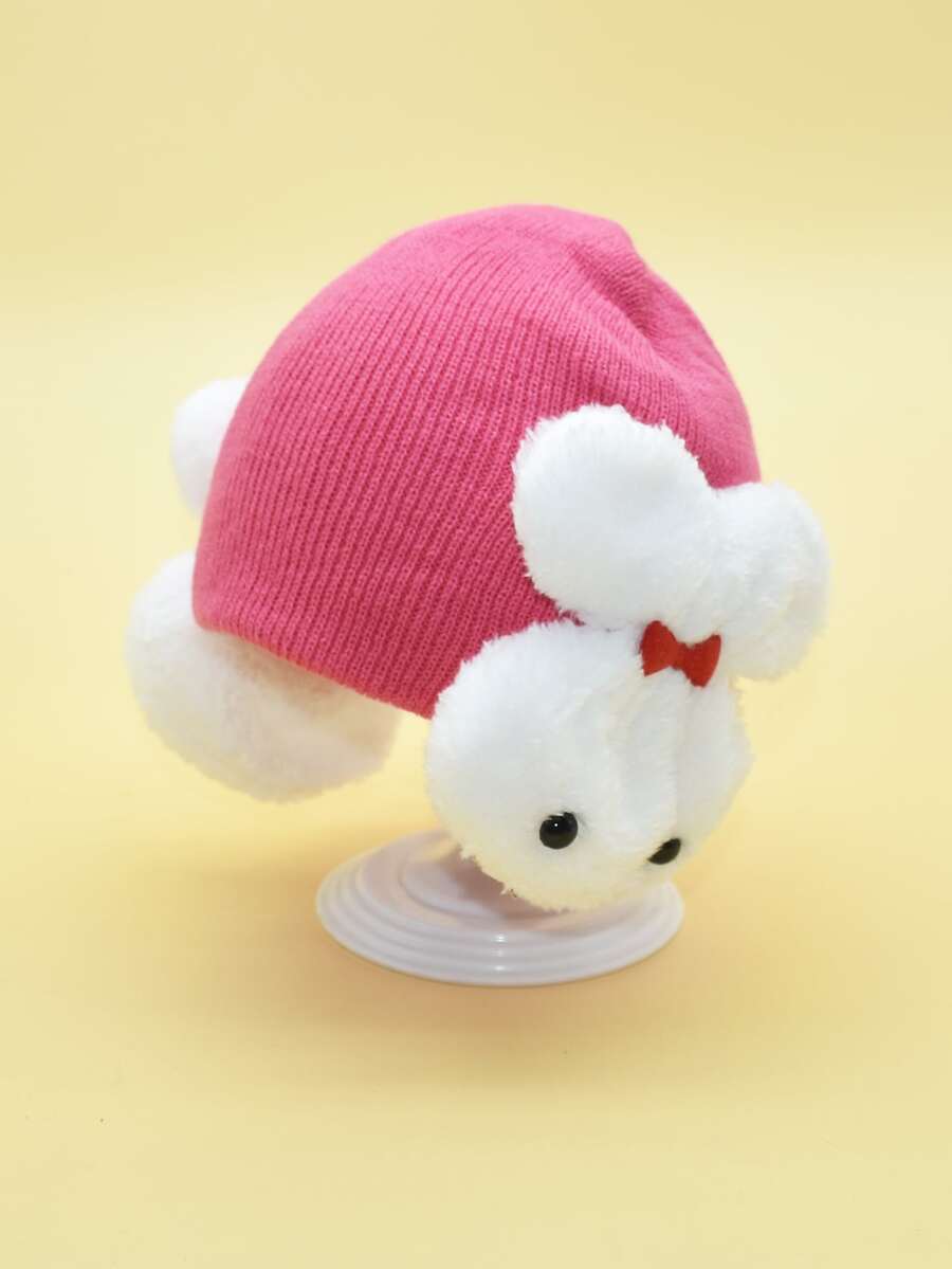 1pc Cute Rabbit Decorated Warm Knitted Hat With Earflaps For Little Girls - Hot Pink - View 1