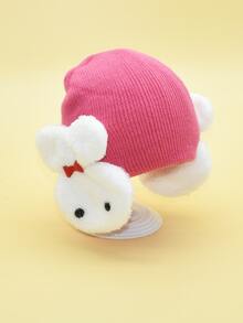1pc Cute Rabbit Decorated Warm Knitted Hat With Earflaps For Little Girls - Hot Pink - View 3