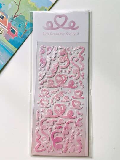 1pc 7cm*17cm Pink Pvc Ribbon & Laser Gradient Heart Shaped Sticker Back To School