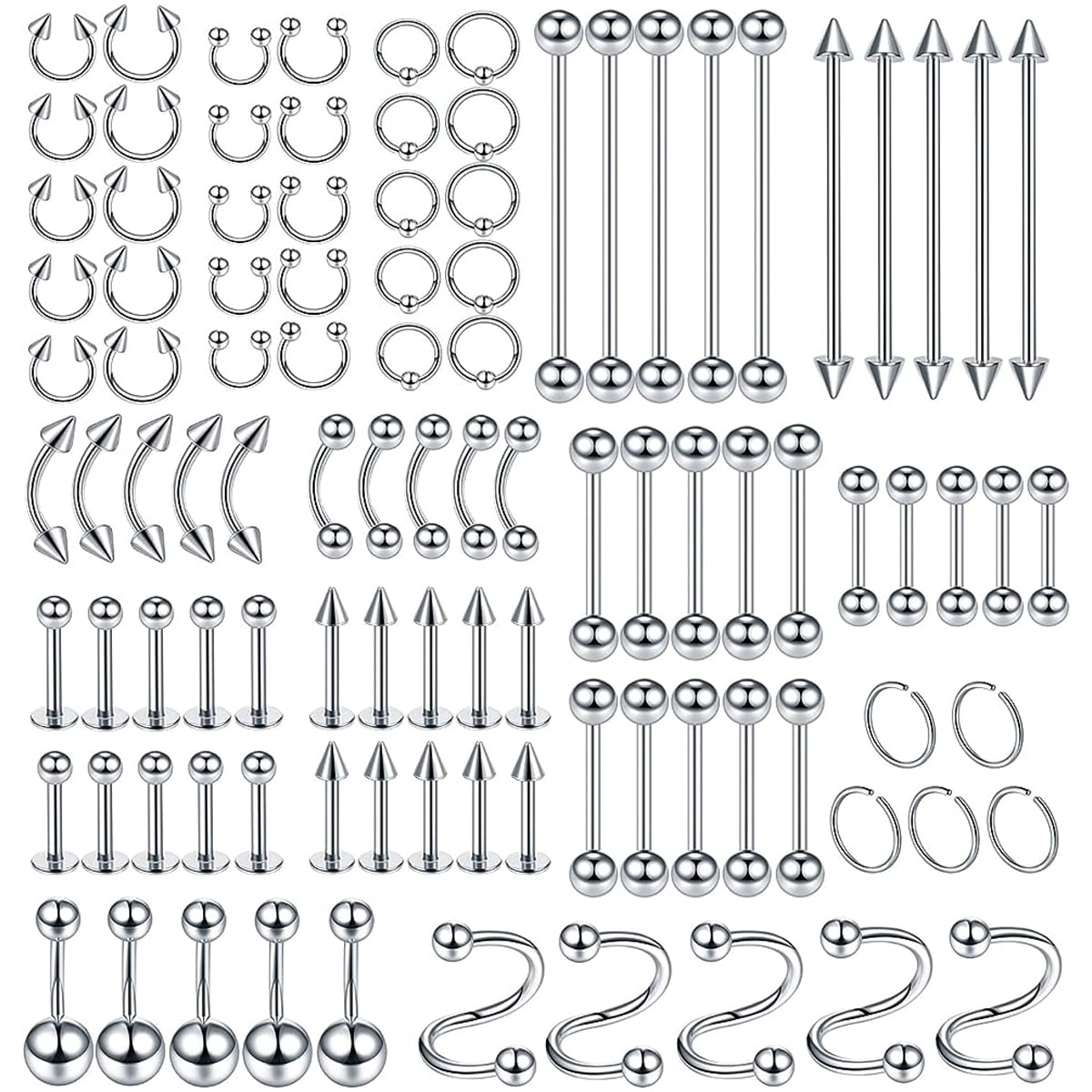 100pcs/set Stainless Steel Piercing Jewelry Kit (14g/16g/20g) For Nose, Lip, Tongue, Cartilage, Earlobe, Eyebrow, Nipple, Belly Button And Body Piercing