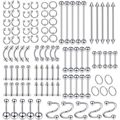 100pcs/set Stainless Steel Piercing Jewelry Kit (14g/16g/20g) For Nose, Lip, Tongue, Cartilage, Earlobe, Eyebrow, Nipple, Belly Button And Body Piercing
