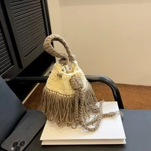 Color Block Woven Tassel Decorated Fashion Handbag - Beige - View 1