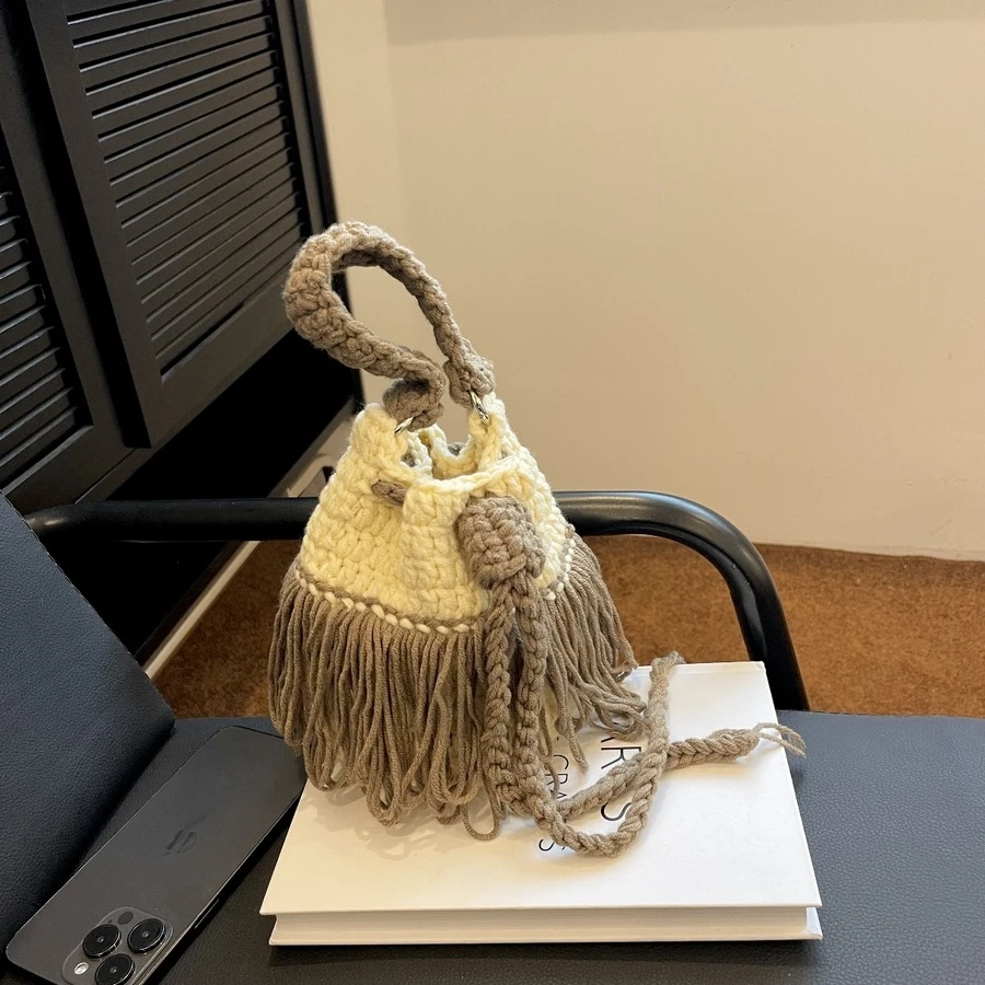 Color Block Woven Tassel Decorated Fashion Handbag - Beige - View 1