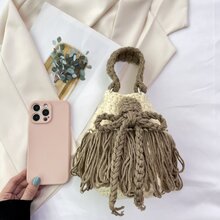 Color Block Woven Tassel Decorated Fashion Handbag - Beige - View 4