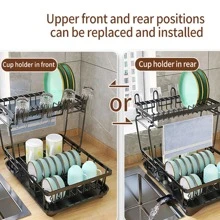 1 Giá phơi bát đĩa 2 tầng tiết kiệm không gian có khay thoát nước và giá đỡ dao kéo - Hoàn hảo cho quầy bếp, tủ và phòng tắm - Thiết kế màu đen - Phụ kiện nhà bếp thiết yếu cho nhà hàng - màu đen - Xem 5
