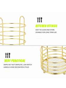 1 pieza de acero inoxidable Utensilio de cocina Soporte cable cubiertos cilindro drenaje Organizador Estante secado de metal fregadero Patagua para Tenedores Cucharas Palillos - Dorado - Ver 3