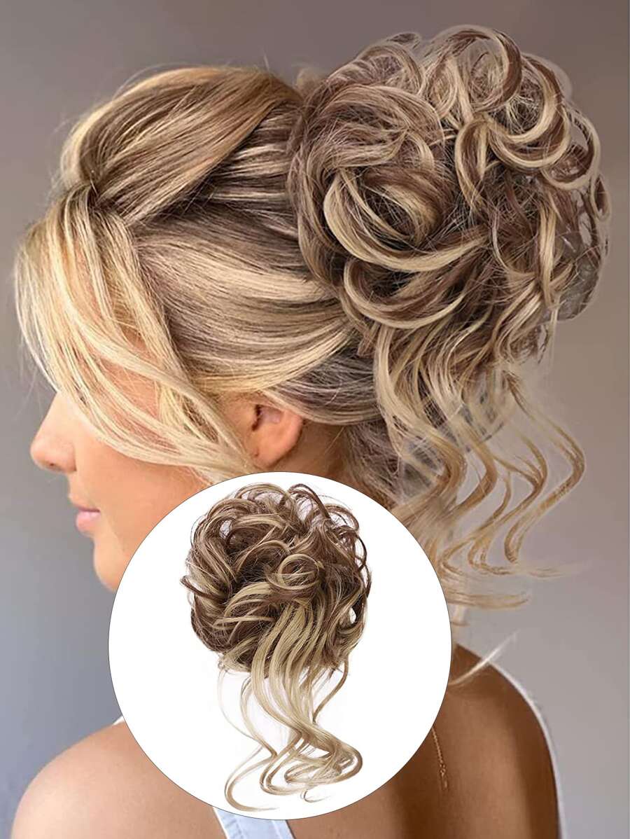 Chignon Désordonné Avec Des Patchs De Cheveux Bouclés De 10 Pouces, Extensions De Chignon, Queue De Cheval Ondulée Bouclée, Chignon Synthétique Féminin (mélange De Brun Clair Et De Cheveux Blonds Naturels) - Multicolore - Voir 1
